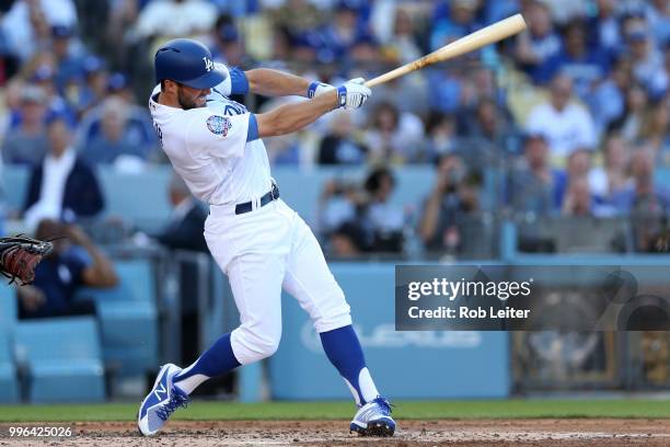Chris Taylor of the Los Angeles Dodgers bats during the game against the San Francisco Giants at Dodger Stadium on Thursday, March 29, 2018 in Los...