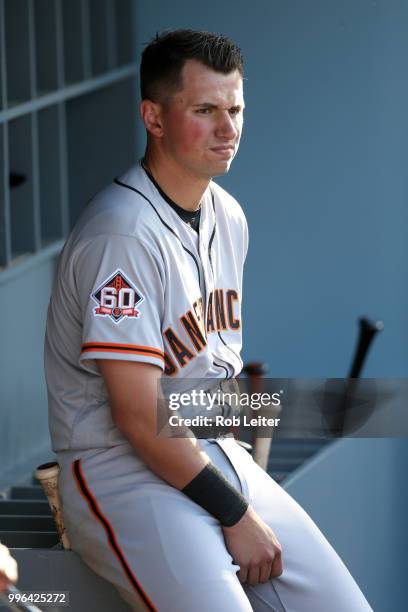 Joe Panik of the San Francisco Giants looks on during the game against the Los Angeles Dodgers at Dodger Stadium on Thursday, March 29, 2018 in Los...