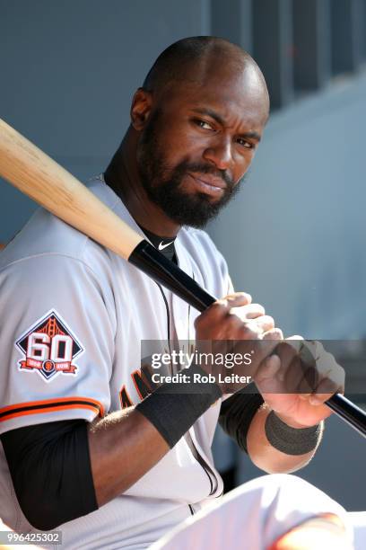 Austin Jackson of the San Francisco Giants looks on during the game against the Los Angeles Dodgers at Dodger Stadium on Thursday, March 29, 2018 in...