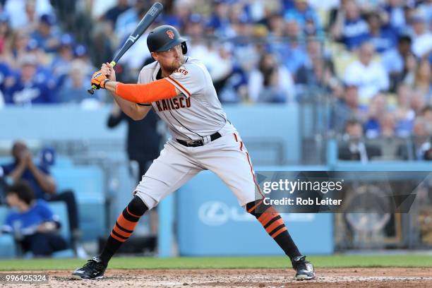 Hunter Pence of the San Francisco Giants bats during the game against the Los Angeles Dodgers at Dodger Stadium on Thursday, March 29, 2018 in Los...