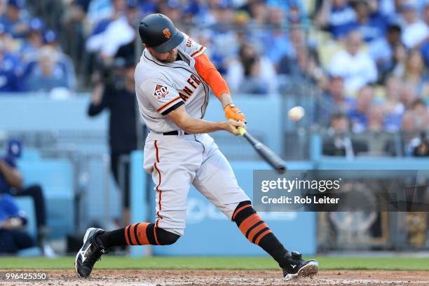 Hunter Pence of the San Francisco Giants bats during the game against the Los Angeles Dodgers at Dodger Stadium on Thursday, March 29, 2018 in Los...