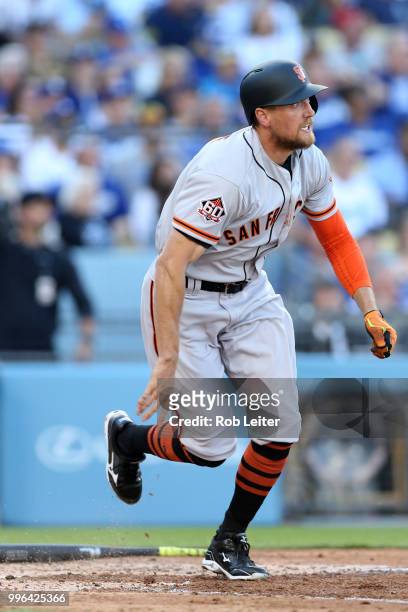 Hunter Pence of the San Francisco Giants bats during the game against the Los Angeles Dodgers at Dodger Stadium on Thursday, March 29, 2018 in Los...