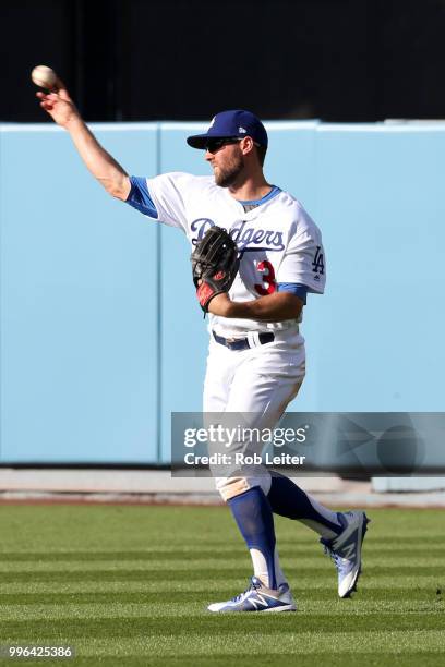 Chris Taylor of the Los Angeles Dodgers plays centerfield during the game against the San Francisco Giants at Dodger Stadium on Thursday, March 29,...