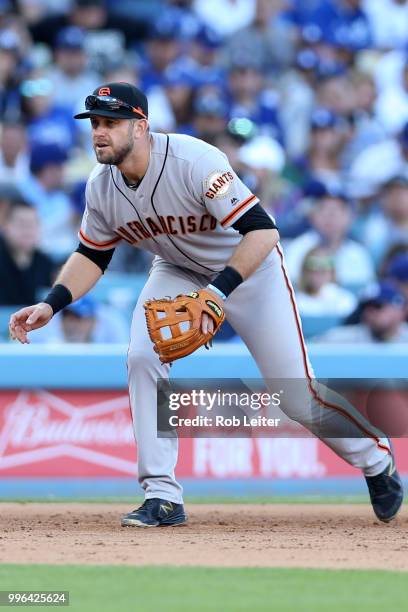 Evan Longoria of the San Francisco Giants plays third base during the game against the Los Angeles Dodgers at Dodger Stadium on Thursday, March 29,...