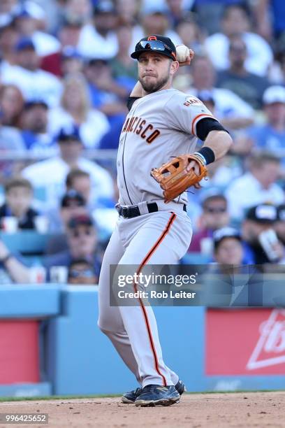 Evan Longoria of the San Francisco Giants plays third base during the game against the Los Angeles Dodgers at Dodger Stadium on Thursday, March 29,...