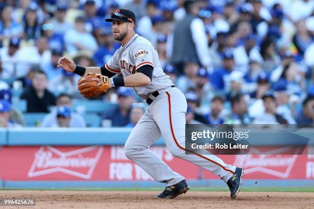 Evan Longoria of the San Francisco Giants plays third base during the game against the Los Angeles Dodgers at Dodger Stadium on Thursday, March 29,...