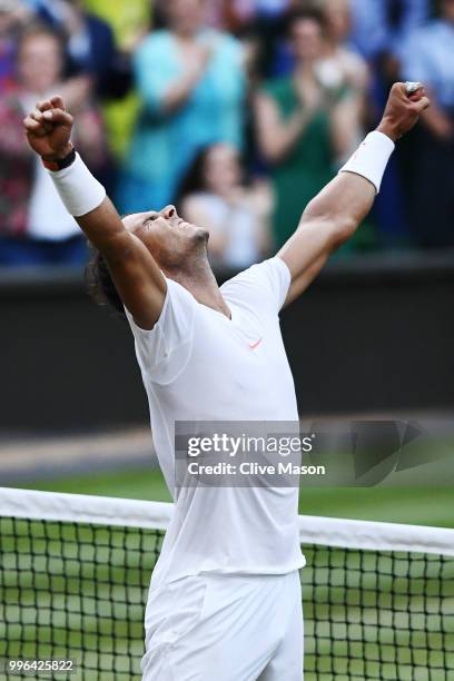 Rafael Nadal of Spain celebrates defeating Juan Martin Del Potro of Argentina during their Men's Singles Quarter-Finals match on day nine of the...