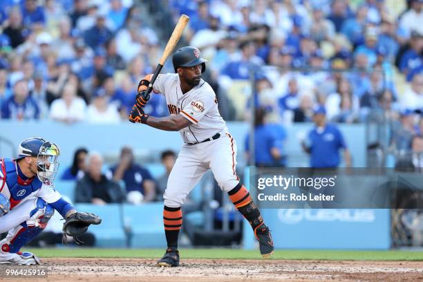 Andrew McCutchen of the San Francisco Giants bats during the game against the Los Angeles Dodgers at Dodger Stadium on Thursday, March 29, 2018 in...