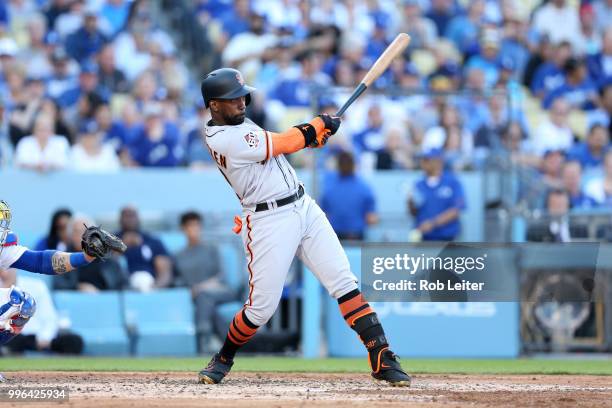 Andrew McCutchen of the San Francisco Giants bats during the game against the Los Angeles Dodgers at Dodger Stadium on Thursday, March 29, 2018 in...