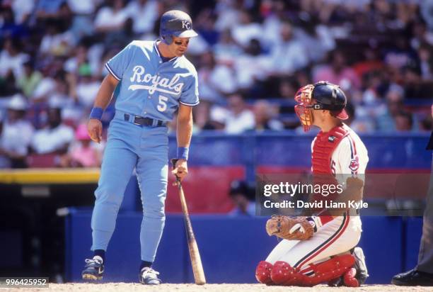 Kansas City Royals George Brett during at bat with Cleveland Indians Joel Skinner at Municipal Stadum. Cleveland, OH 8/4/1991 CREDIT: David Liam Kyle