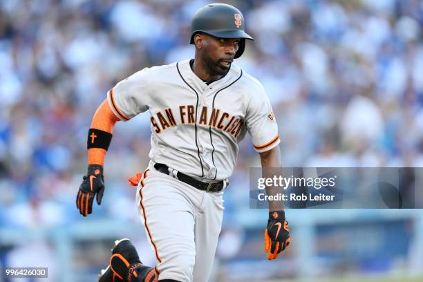 Andrew McCutchen of the San Francisco Giants runs during the game against the Los Angeles Dodgers at Dodger Stadium on Thursday, March 29, 2018 in...