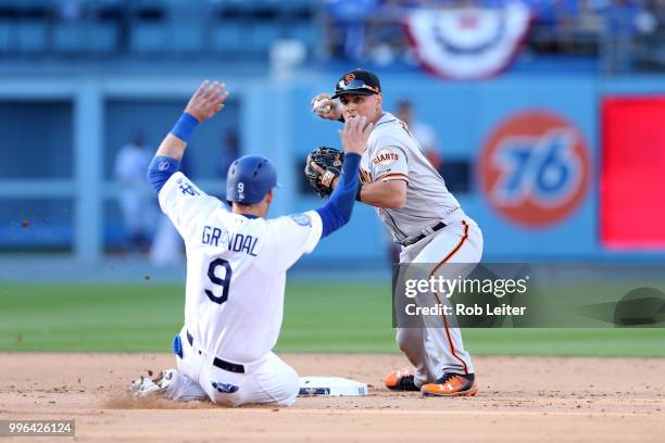 Joe Panik of the San Francisco Giants plays second base during the game against the Los Angeles Dodgers at Dodger Stadium on Thursday, March 29, 2018...