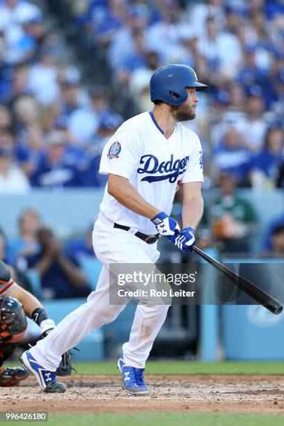 Clayton Kershaw of the Los Angeles Dodgers bats during the game against the San Francisco Giants at Dodger Stadium on Thursday, March 29, 2018 in Los...