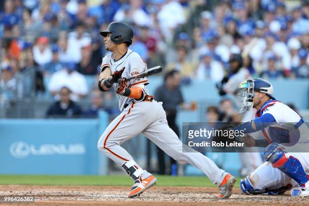 Gorkys Hernandez of the San Francisco Giants bats during the game against the Los Angeles Dodgers at Dodger Stadium on Thursday, March 29, 2018 in...