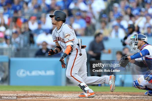 Gorkys Hernandez of the San Francisco Giants bats during the game against the Los Angeles Dodgers at Dodger Stadium on Thursday, March 29, 2018 in...