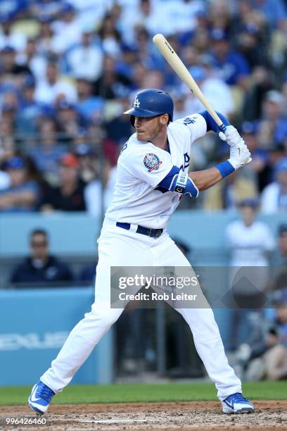 Cody Bellinger of the Los Angeles Dodgers bats during the game against the San Francisco Giants at Dodger Stadium on Thursday, March 29, 2018 in Los...