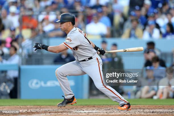 Joe Panik of the San Francisco Giants bats during the game against the the Los Angeles Dodgers at Dodger Stadium on Thursday, March 29, 2018 in Los...