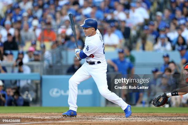 Chase Utley of the Los Angeles Dodgers bats during the game against the San Francisco Giants at Dodger Stadium on Thursday, March 29, 2018 in Los...