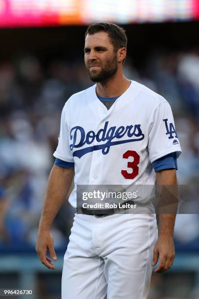 Chris Taylor of the Los Angeles Dodgers looks on during the game against the San Francisco Giants at Dodger Stadium on Thursday, March 29, 2018 in...