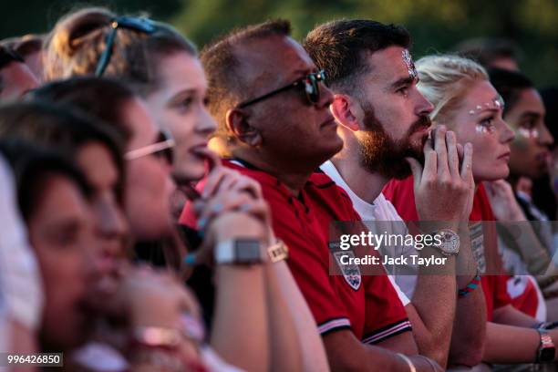 England football fans watch the Hyde Park screening of the FIFA 2018 World Cup semi-final match between Croatia and England on July 11, 2018 in...