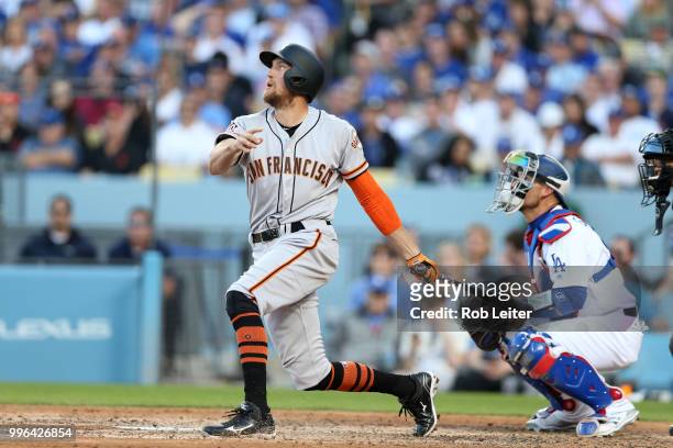 Hunter Pence of the San Francisco Giants bats during the game against the Los Angeles Dodgers at Dodger Stadium on Thursday, March 29, 2018 in Los...