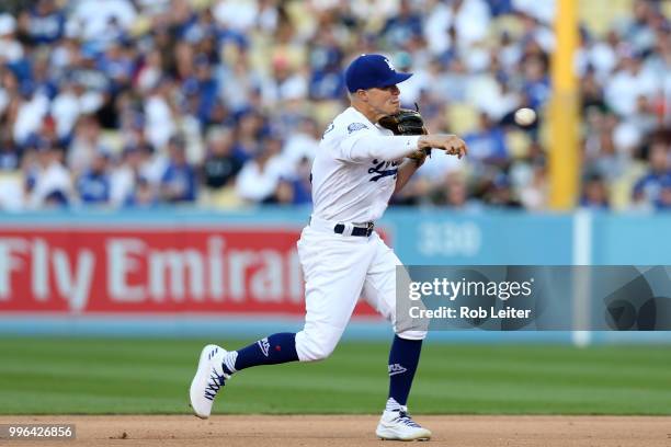 Kike Hernandez of the Los Angeles Dodgers plays second base during the game against the San Francisco Giants at Dodger Stadium on Thursday, March 29,...