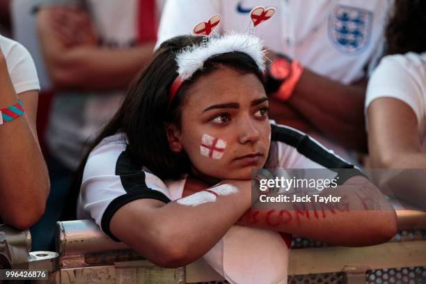 England football fans watch the Hyde Park screening of the FIFA 2018 World Cup semi-final match between Croatia and England on July 11, 2018 in...