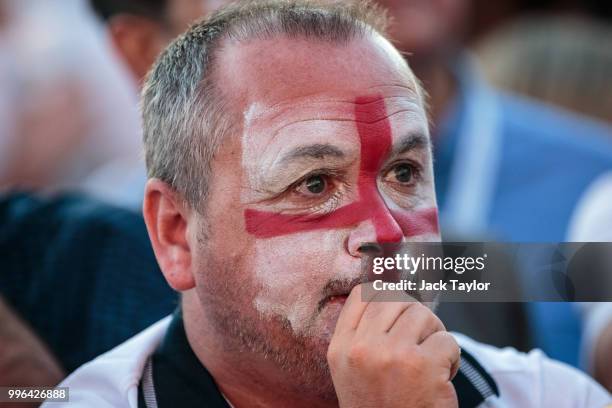 England football fans watch the Hyde Park screening of the FIFA 2018 World Cup semi-final match between Croatia and England on July 11, 2018 in...