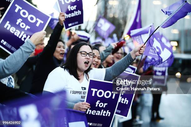 Nurses protest outside Auckland City Hospital on July 12, 2018 in Auckland, New Zealand. Thousands of nurses voted to walk off the job for the first...
