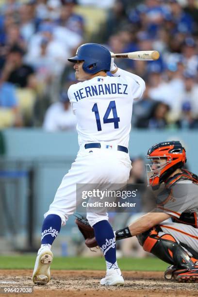 Kike Hernandez of the Los Angeles Dodgers bats during the game against the San Francisco Giants at Dodger Stadium on Thursday, March 29, 2018 in Los...