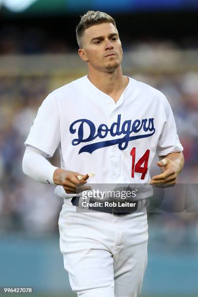 Kike Hernandez of the Los Angeles Dodgers looks on during the game against the San Francisco Giants at Dodger Stadium on Thursday, March 29, 2018 in...