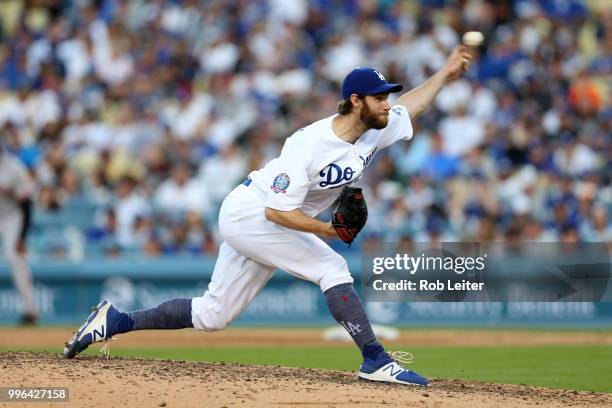 Tony Cingrani of the Los Angeles Dodgers pitches during the game against the San Francisco Giants at Dodger Stadium on Thursday, March 29, 2018 in...