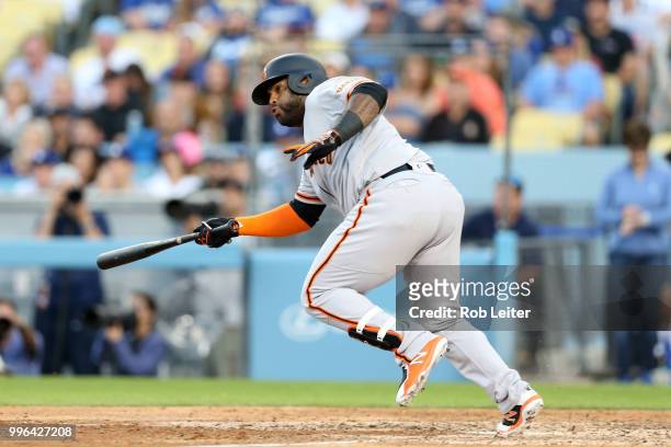 Pablo Sandoval of the San Fransisco Giants bats during the game against the Los Angeles Dodgers at Dodger Stadium on Thursday, March 29, 2018 in Los...
