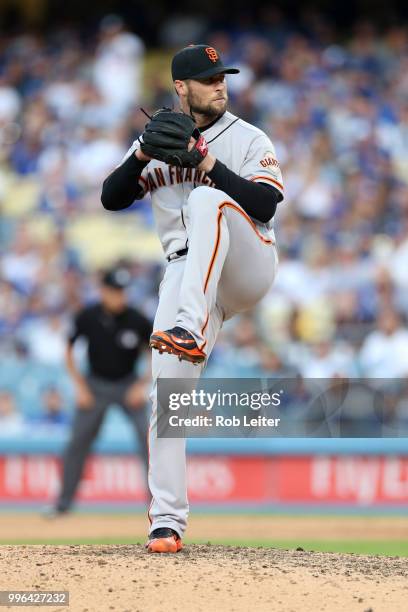 Hunter Strickland of the San Fransisco Giants pitches during the game against the Los Angeles Dodgers at Dodger Stadium on Thursday, March 29, 2018...