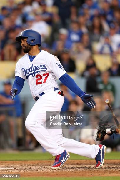 Matt Kemp of the Los Angeles Dodgers bats during the game against the San Francisco Giants at Dodger Stadium on Thursday, March 29, 2018 in Los...