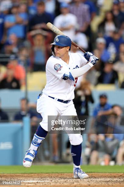 Joc Pederson of the Los Angeles Dodgers bats during the game against the San Francisco Giants at Dodger Stadium on Thursday, March 29, 2018 in Los...