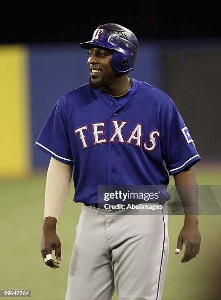 Vladimir Guerrero of the Texas Rangers jokes around during a MLB game against the Toronto Blue Jays at the Rogers Centre May 15, 2010 in Toronto,...