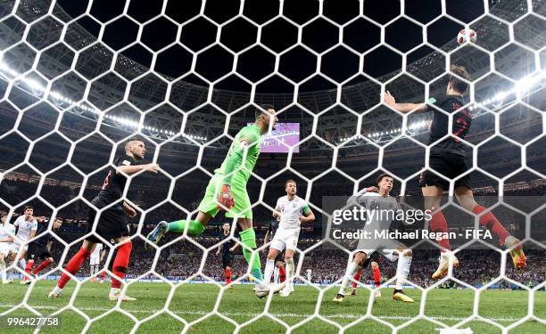 Sime Vrsaljko of Croatia clears the ball during the 2018 FIFA World Cup Russia Semi Final match between England and Croatia at Luzhniki Stadium on...