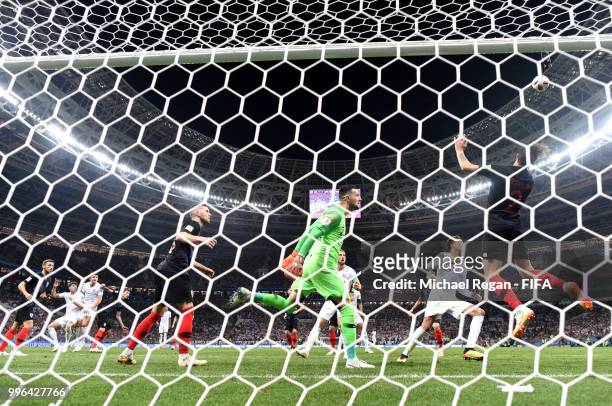 Sime Vrsaljko of Croatia clears the ball during the 2018 FIFA World Cup Russia Semi Final match between England and Croatia at Luzhniki Stadium on...