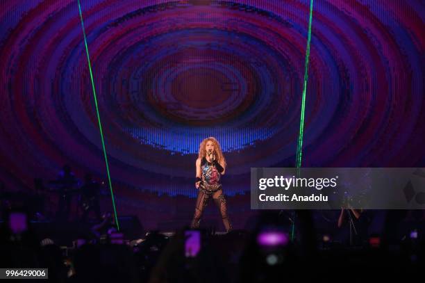 Colombian singer Shakira performs at Vodafone Park as part of her 6th world tour 'El Dorado' in Istanbul, Turkey on July 11, 2018.