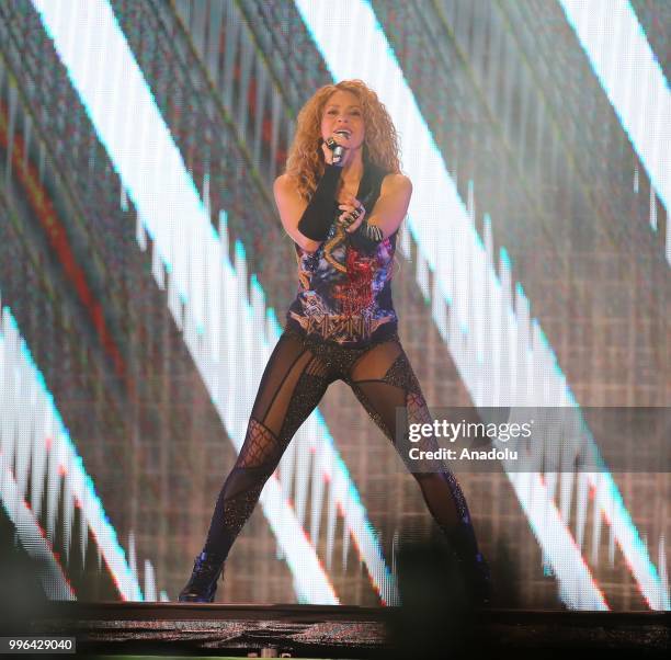 Colombian singer Shakira performs at Vodafone Park as part of her 6th world tour 'El Dorado' in Istanbul, Turkey on July 11, 2018.