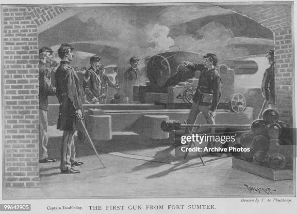 An engraving of the first gun from Fort Sumter, circa April 1861.