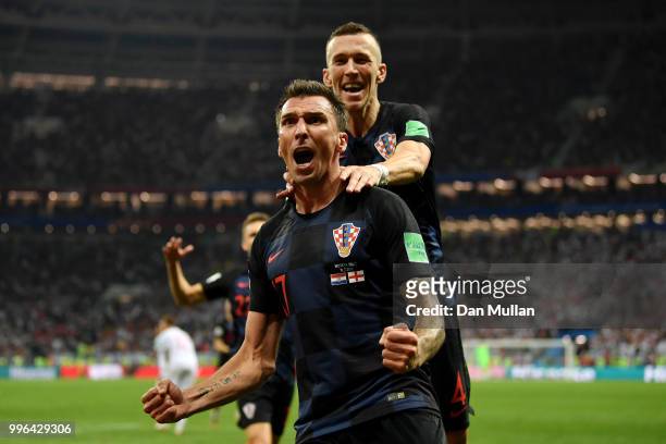 Mario Mandzukic of Croatia celebrates after scoring his team's second goal during the 2018 FIFA World Cup Russia Semi Final match between England and...