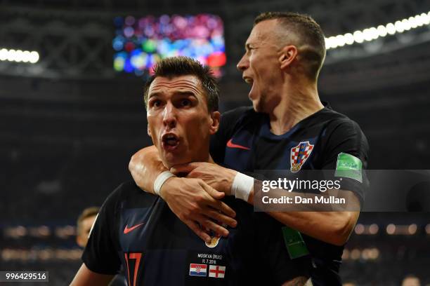 Mario Mandzukic of Croatia celebrates after scoring his team's second goal during the 2018 FIFA World Cup Russia Semi Final match between England and...