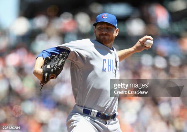Mike Montgomery of the Chicago Cubs pitches against the San Francisco Giants in the first inning at AT&T Park on July 11, 2018 in San Francisco,...