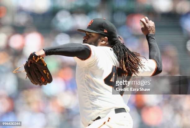Johnny Cueto of the San Francisco Giants pitches against the Chicago Cubs in the first inning at AT&T Park on July 11, 2018 in San Francisco,...