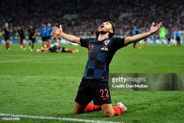 Josip Pivaric of Croatia celebrates following his sides victory in the 2018 FIFA World Cup Russia Semi Final match between England and Croatia at...