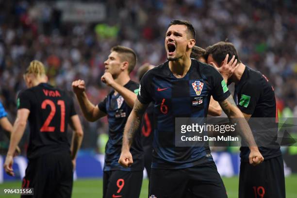 Dejan Lovren of Croatia celebrates following his sides victory in the 2018 FIFA World Cup Russia Semi Final match between England and Croatia at...