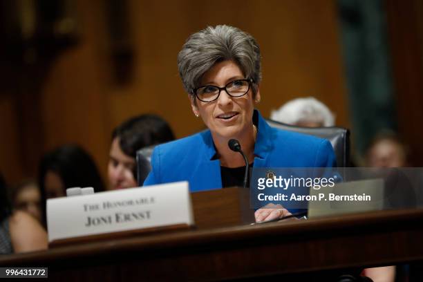 July 11: Sen. Joni Ernst speaks during a Commerce Committee hearing on paid family leave July 11, 2018 on Capitol Hill in Washington, DC. Legislators...