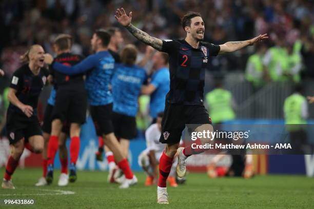 Delighted Sime Vrsaljko of Croatia as Croatia reach the world cup final during the 2018 FIFA World Cup Russia Semi Final match between England and...